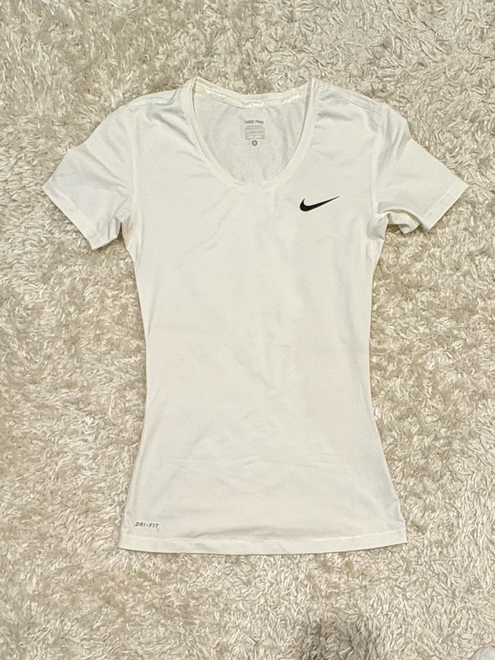 Nike Pro White Women’s Short Sleeve Performance Shirt Dri Fit Black Logo Running